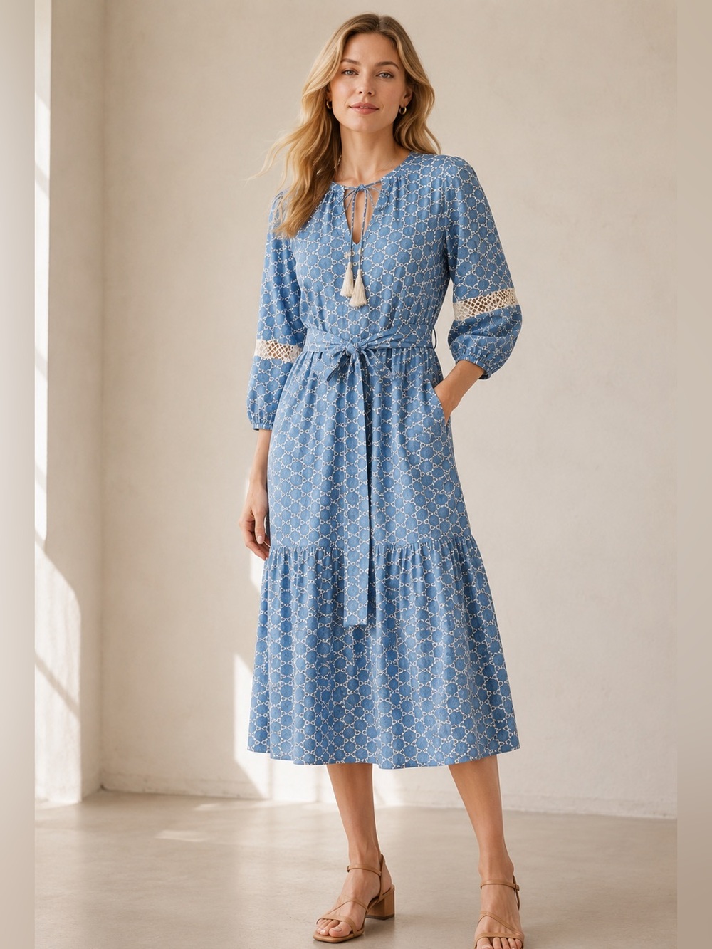 Embroidered belted Women's Dress - Picture 1 of 7